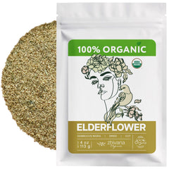 Zhivana Organics paquete frontal mostrando flor de saúco orgánica y claridad