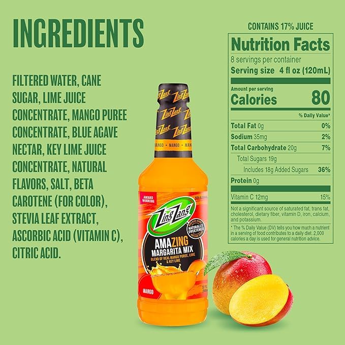 Detalle de la etiqueta Zing Zang que destaca jugos reales y sin sabores artificiales