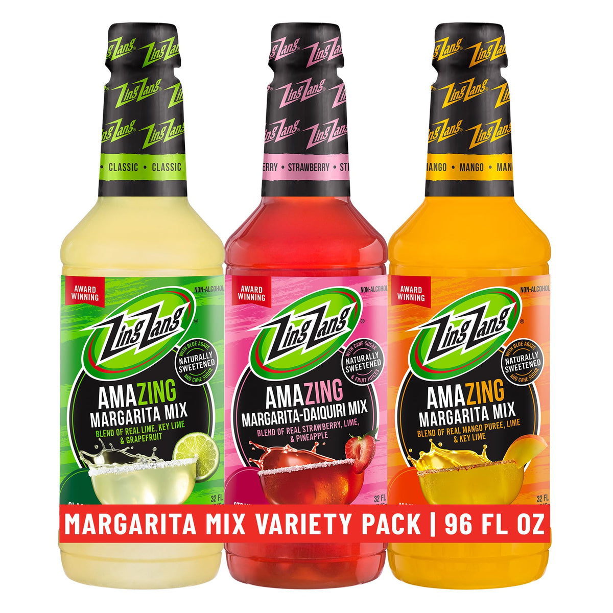 Zing Zang pack frontal mostrando las tres botellas y variedad de sabores para fiestas