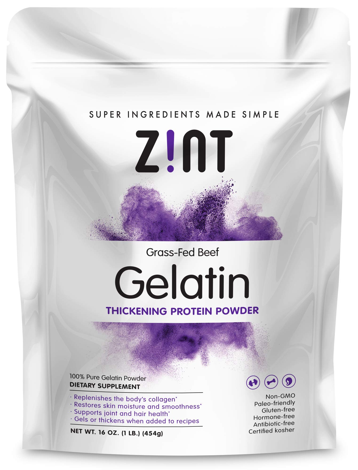 Zint gelatina de res frente del envase mostrando presentación y uso