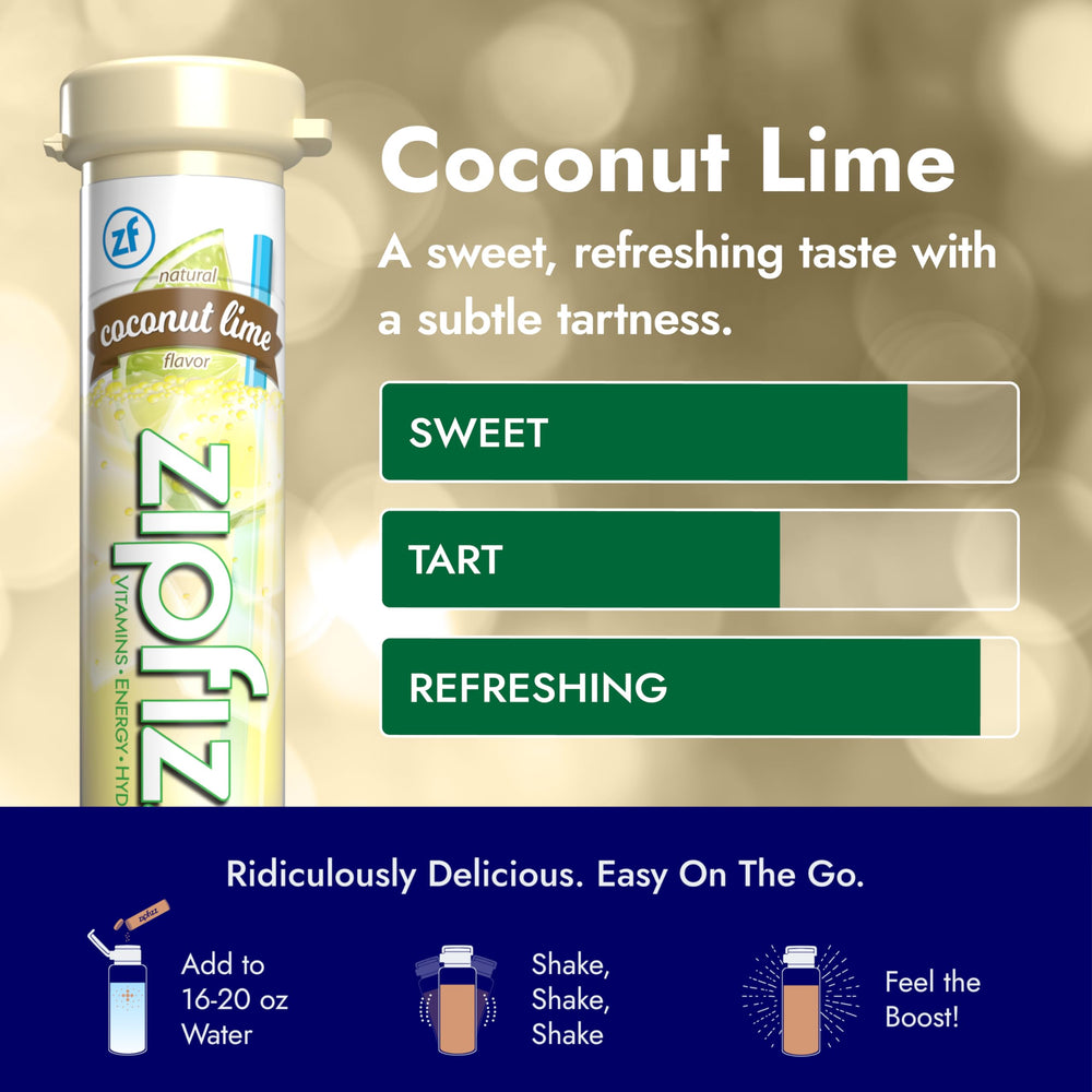 Zipfizz sobres Coconut Lime en mochila listos para viaje, conveniente