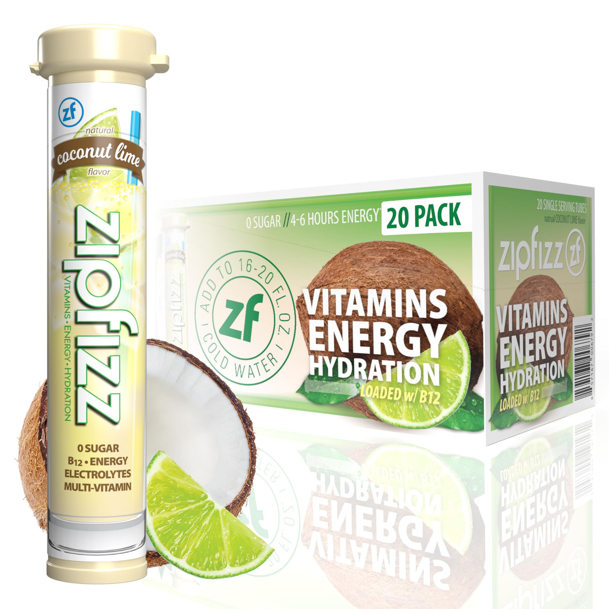 Zipfizz frente del empaque Coconut Lime mostrando 20 sobres y beneficios
