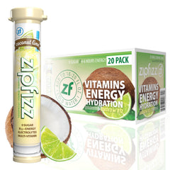 Zipfizz frente del empaque Coconut Lime mostrando 20 sobres y beneficios