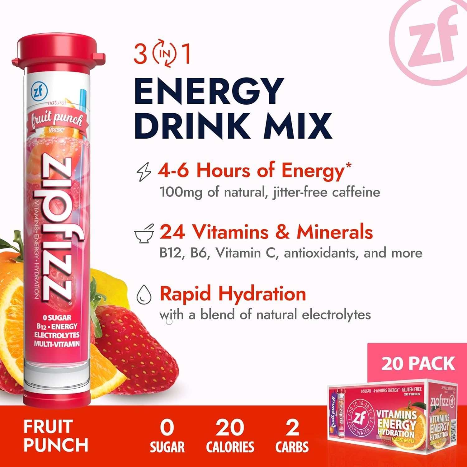 Zipfizz etiqueta con lista de vitaminas y beneficio de nutrientes diarios