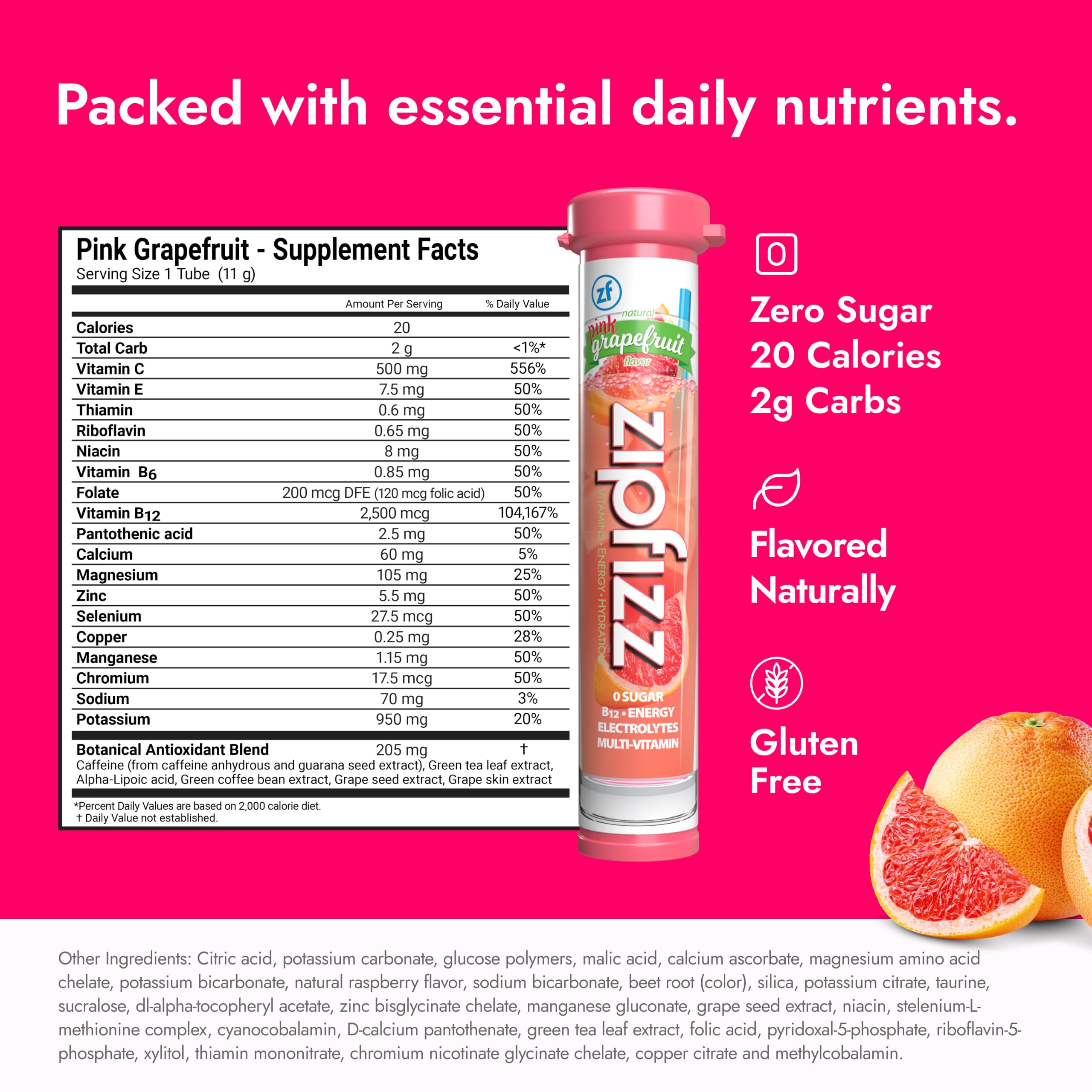 Zipfizz etiqueta nutricional en close-up mostrando vitaminas y electrolitos