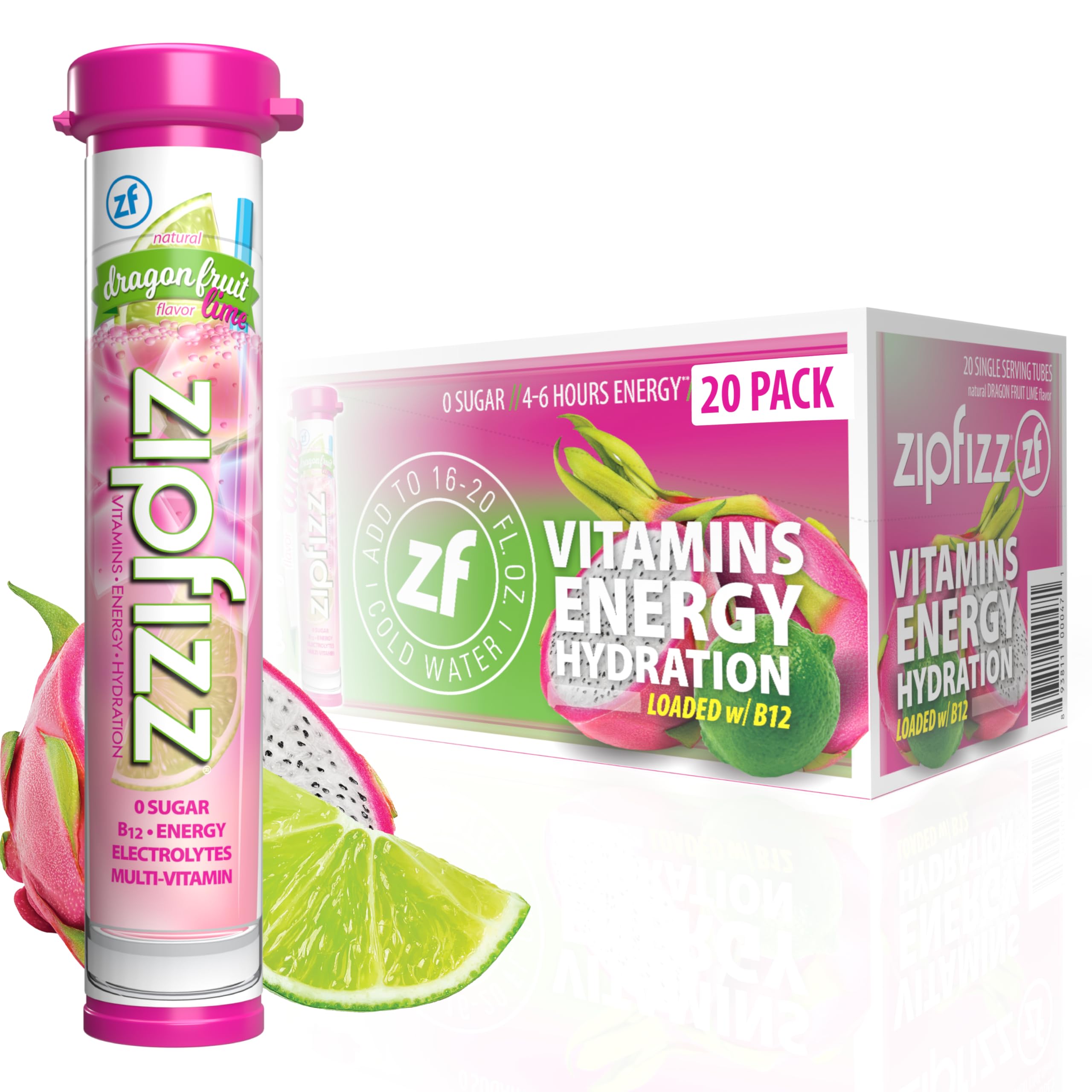 Zipfizz frente del empaque dragon fruit lime mostrando sabor y beneficios