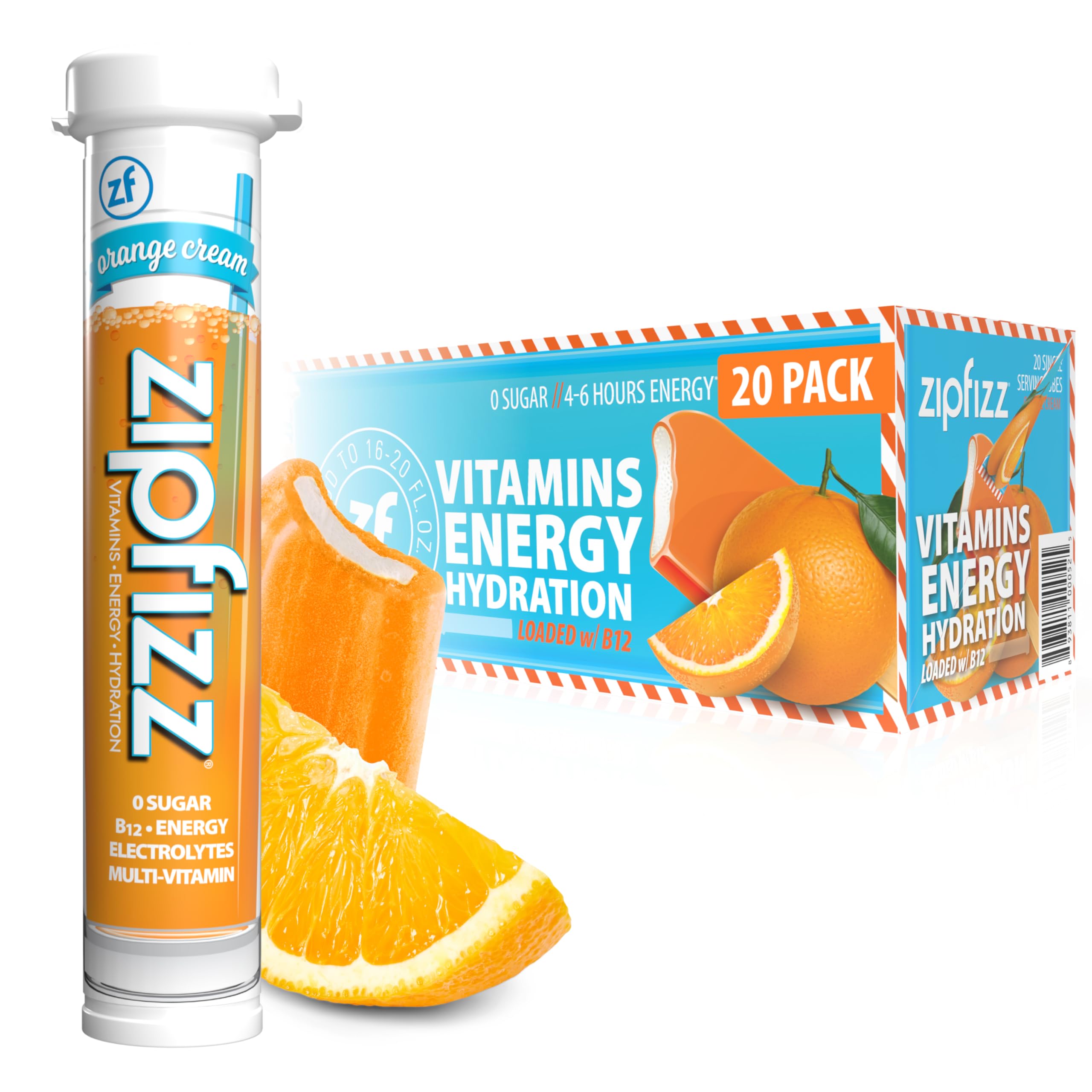 Zipfizz empaque frontal Orange Cream mostrando porciones y beneficios