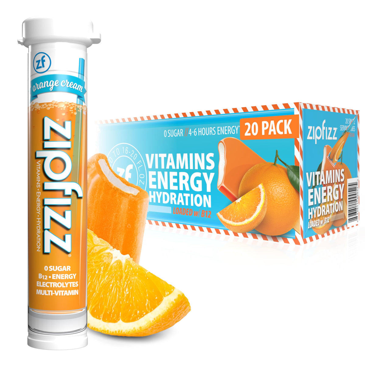 Zipfizz empaque frontal Orange Cream mostrando porciones y beneficios