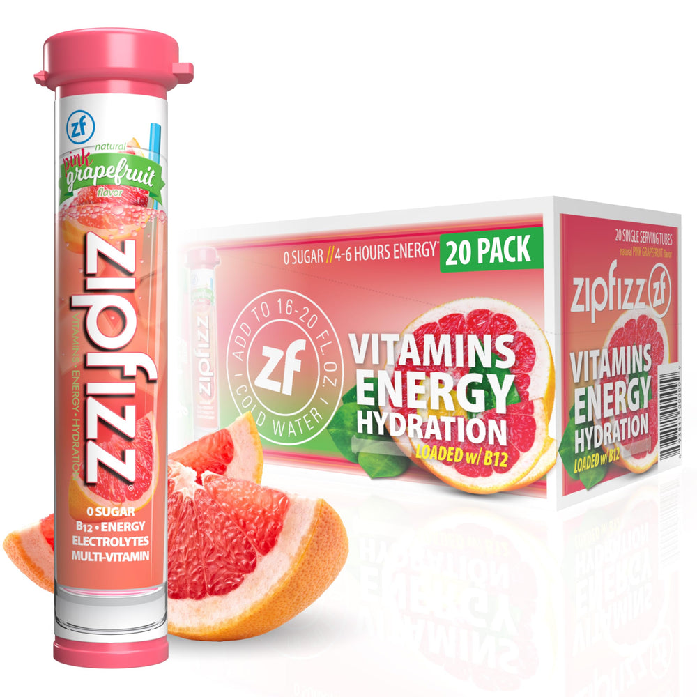Zipfizz frente del empaque Pink Grapefruit mostrando 20 sobres y beneficio conveniencia