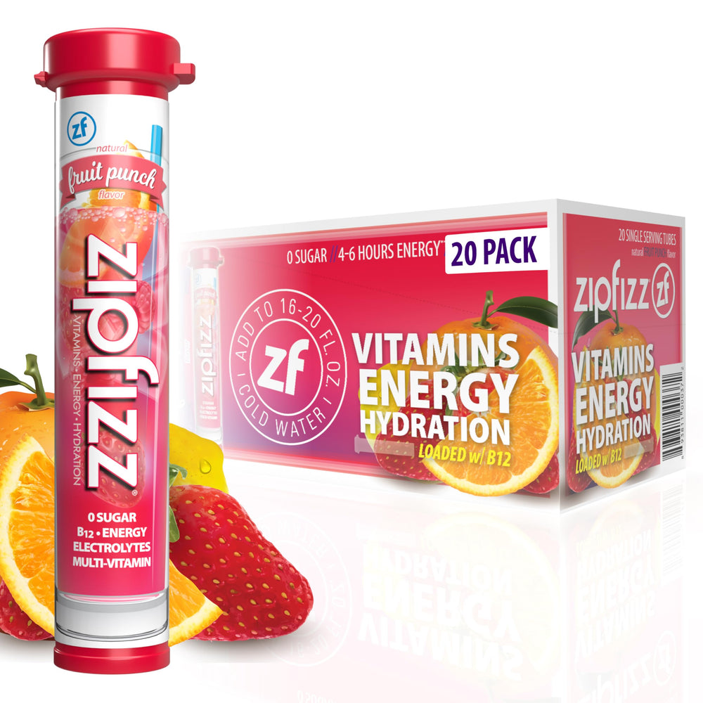 Zipfizz frente del empaque mostrando 20 sobres y beneficio de conveniencia