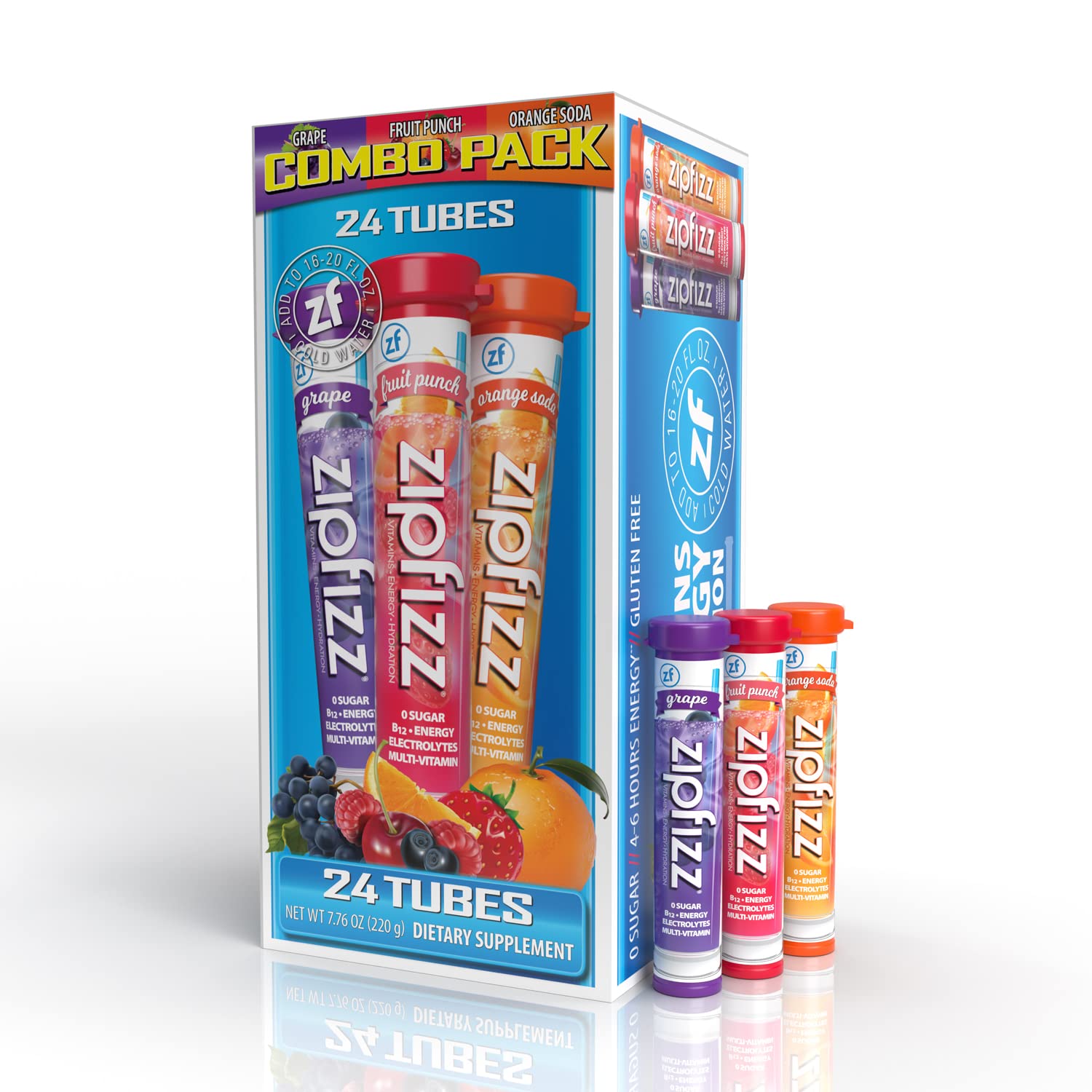 Zipfizz frente del empaque mostrando pack combinado y variedad de sabores, conveniencia portátil