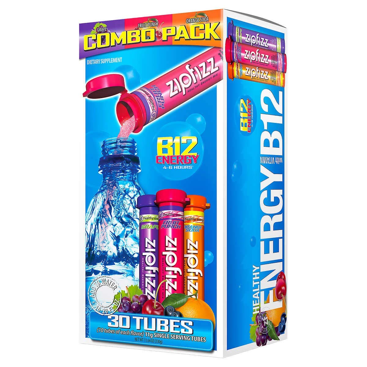 Zipfizz frente del empaque mostrando variedad y conveniencia
