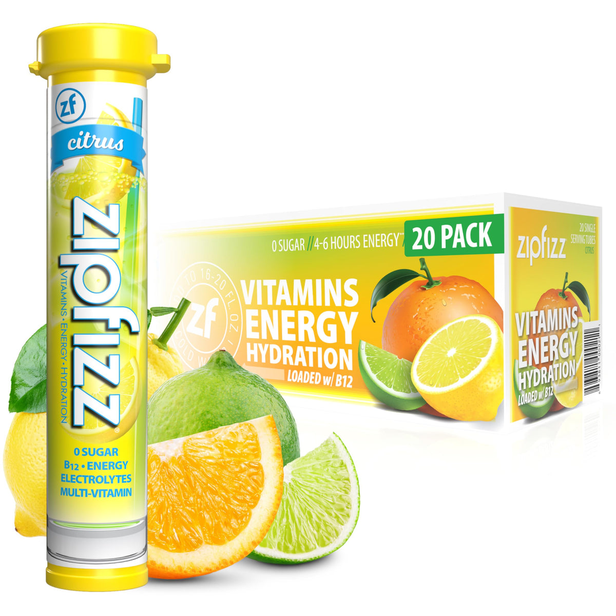 Zipfizz paquete Citrus al frente mostrando 20 sobres y beneficio práctico