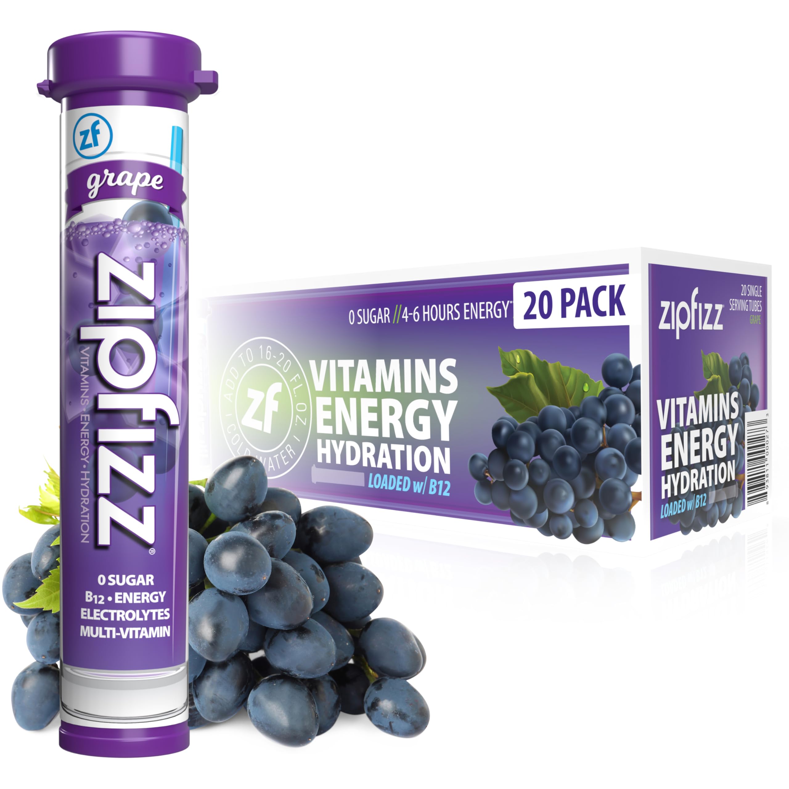Zipfizz frontal del paquete sabor Grape mostrando 20 sobres y beneficios