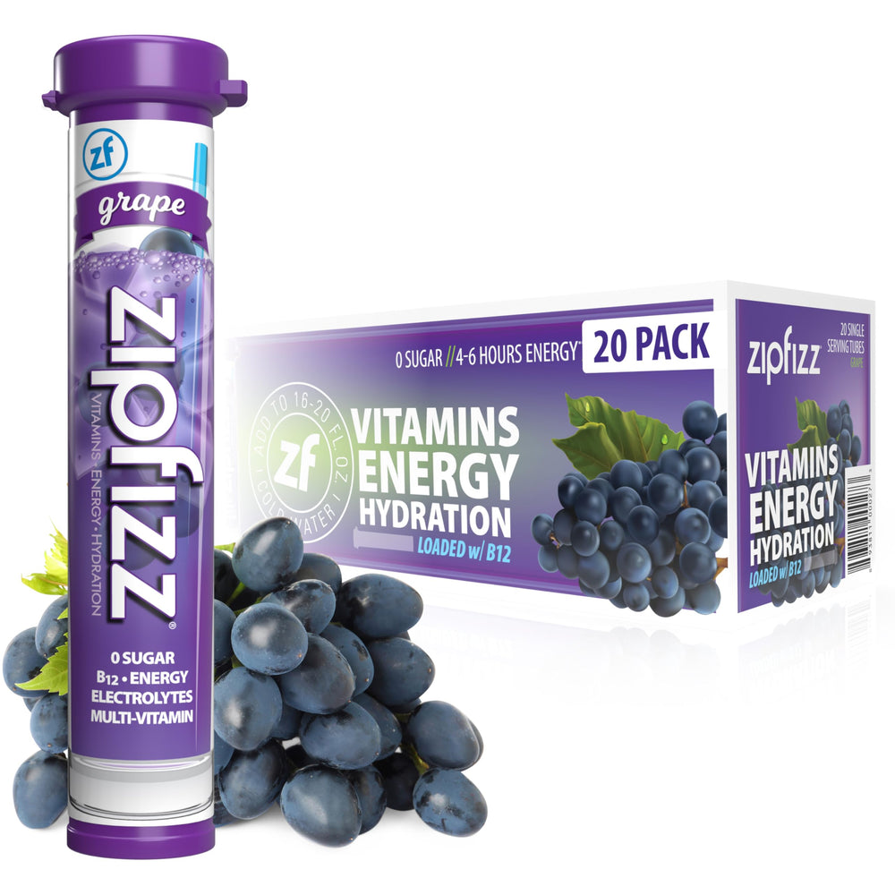 Zipfizz frontal del paquete sabor Grape mostrando 20 sobres y beneficios