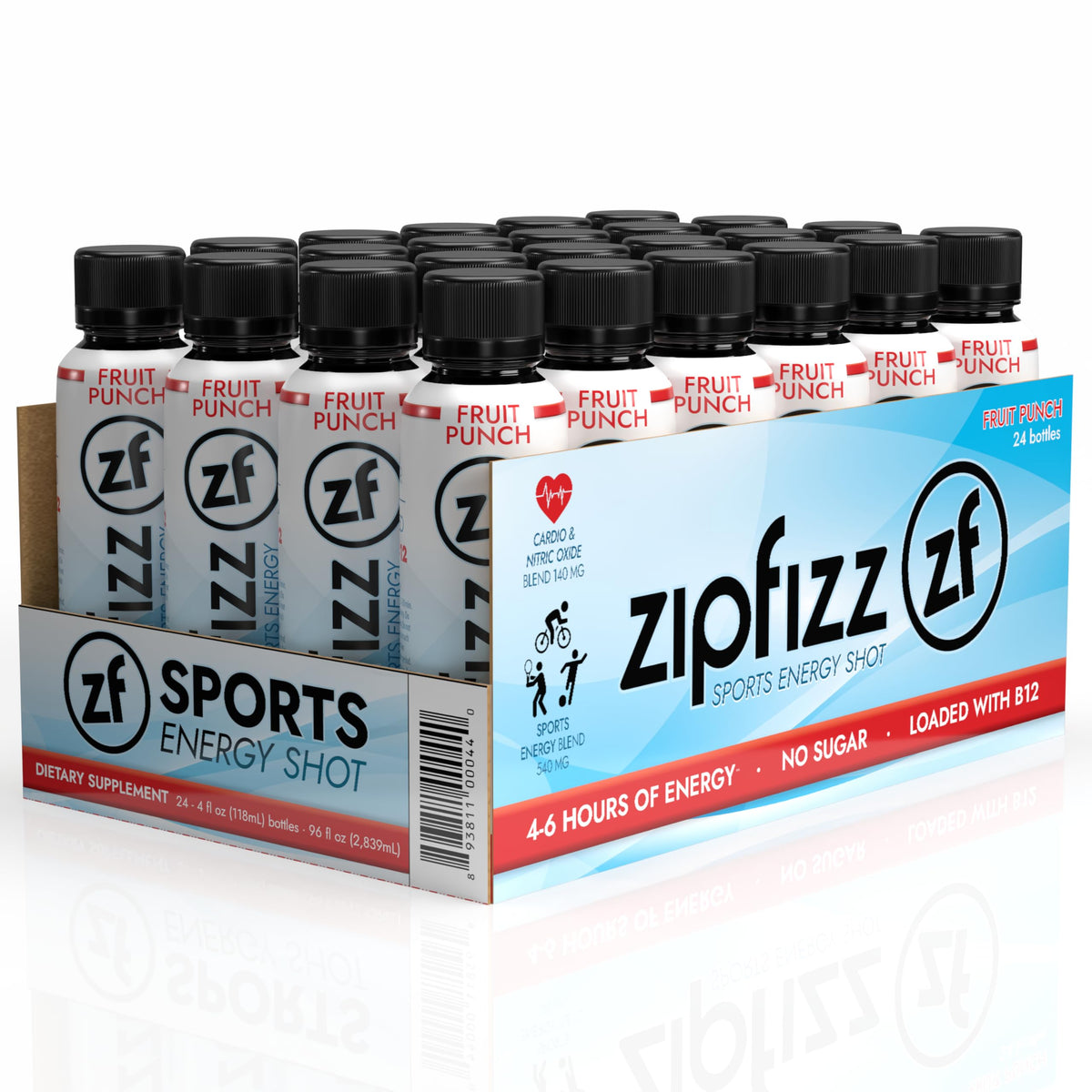 Zipfizz shot Fruit Punch frontal mostrando etiqueta y beneficio energizante