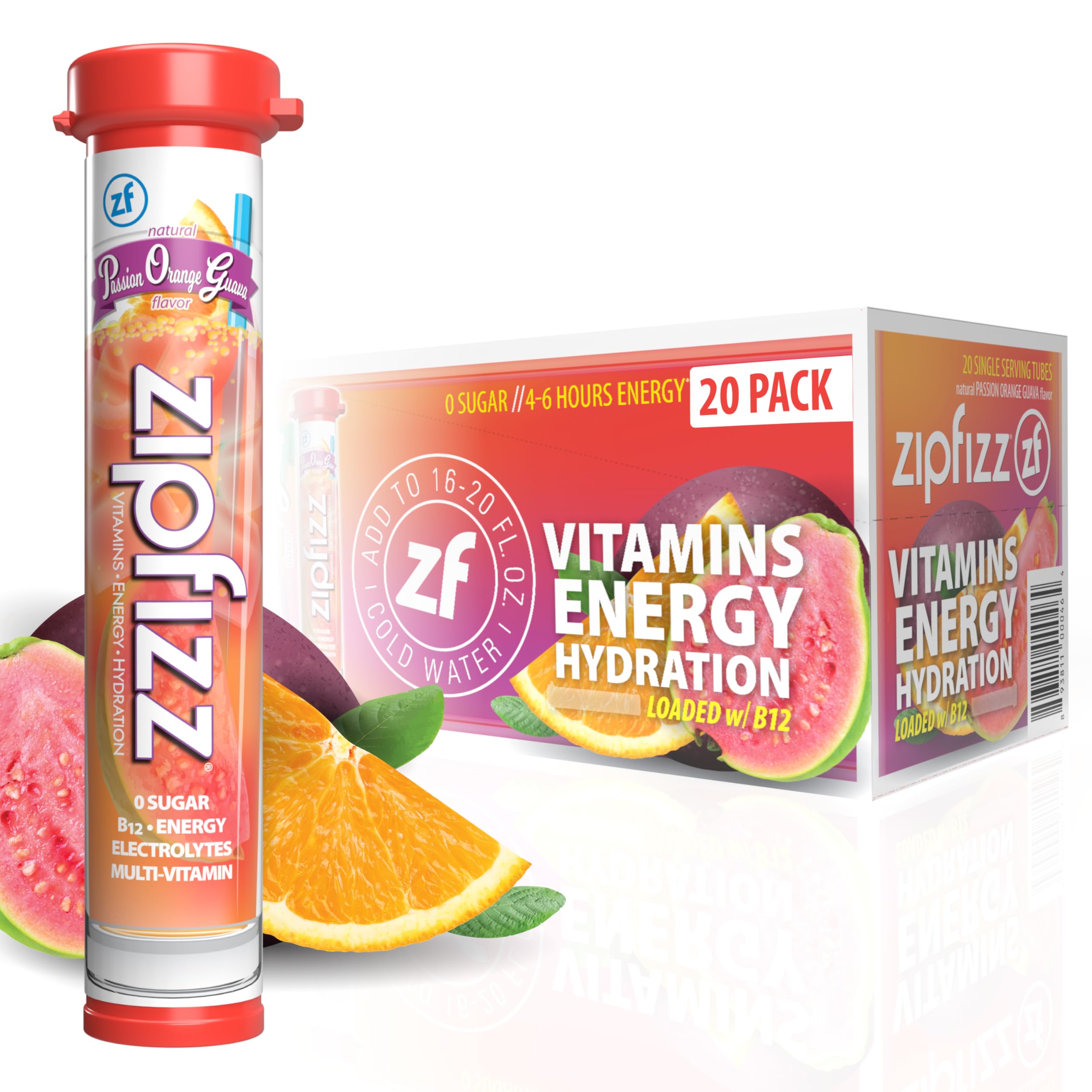 Zipfizz Orange Cream paquete frontal mostrando 20 sobres y beneficios