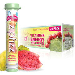 Zipfizz Prickly Pear frente del empaque mostrando 20 sobres y beneficio de energía