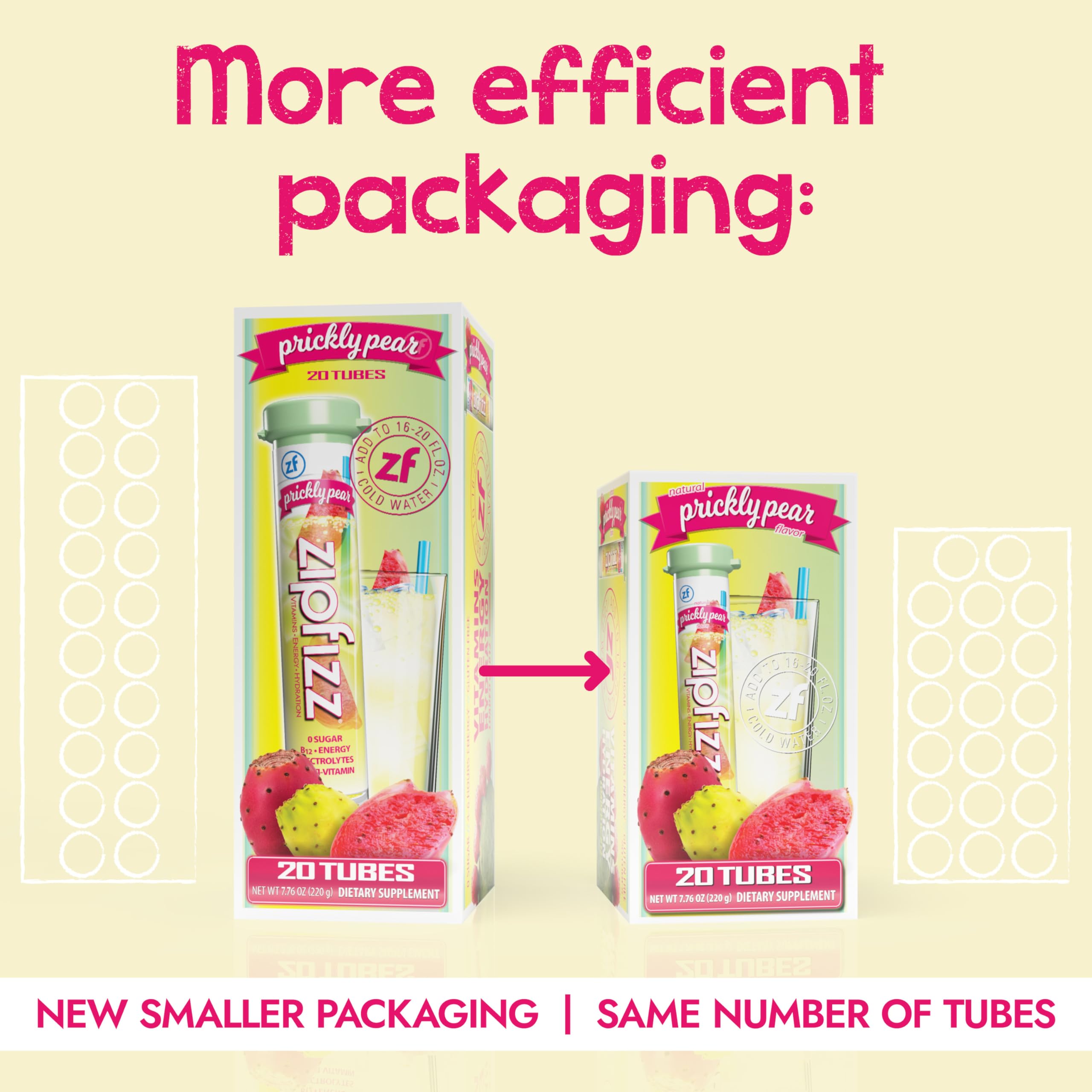 Sobre Zipfizz abierto con polvo visible destacando solubilidad rápida y sabor