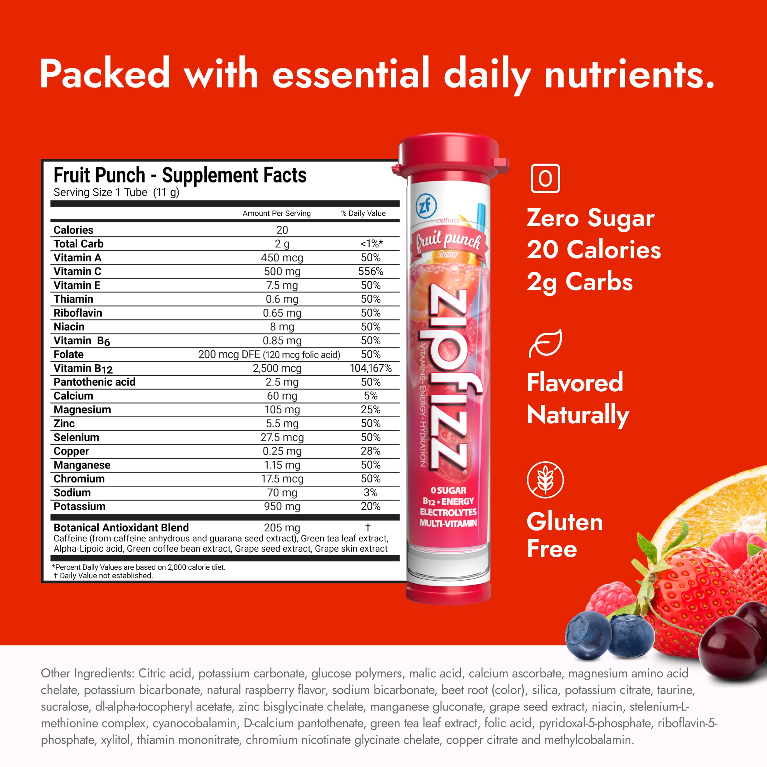 Zipfizz sobre abierto con polvo y enfoque en ingredientes naturales y pureza