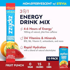Zipfizz vaso mezclado en agua ilustrando hidratación y sabor Fruit Punch