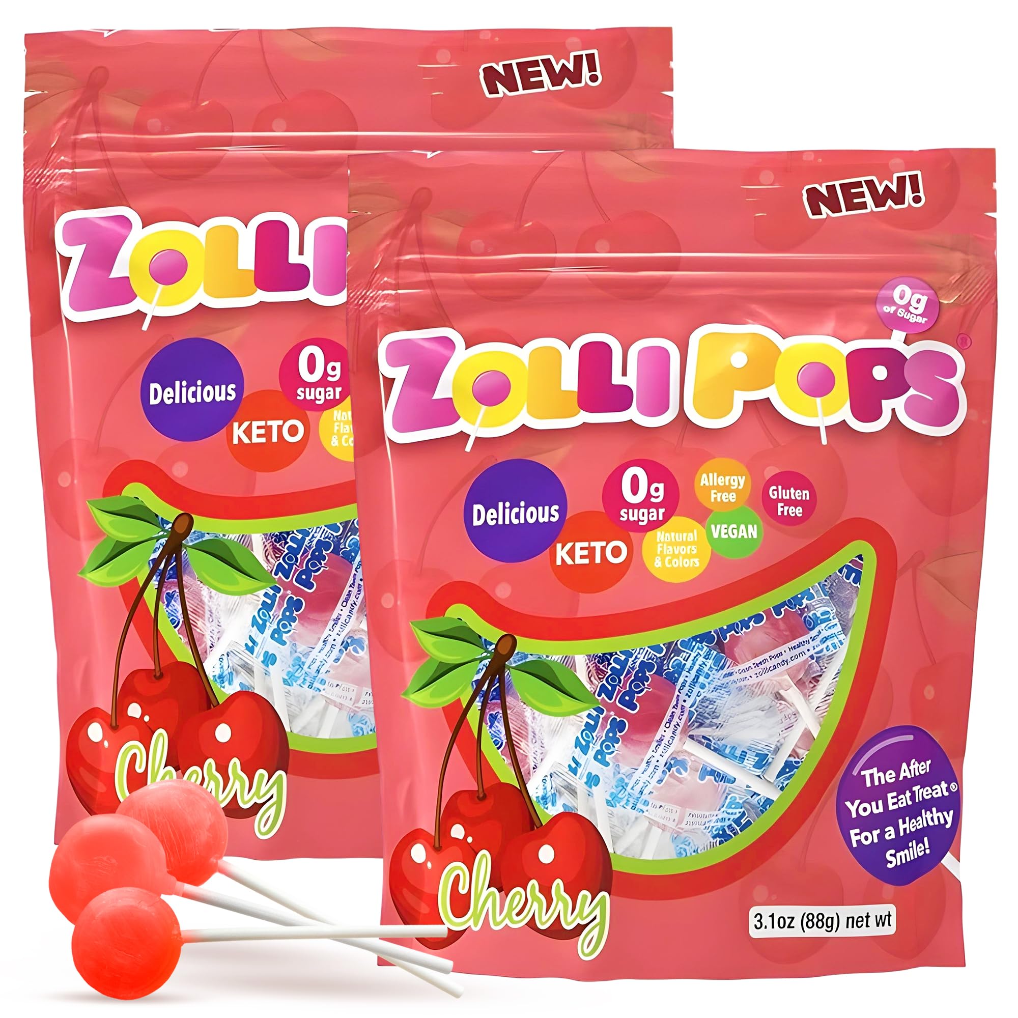 Zollipops frente del paquete con sabor cereza mostrando beneficio oral