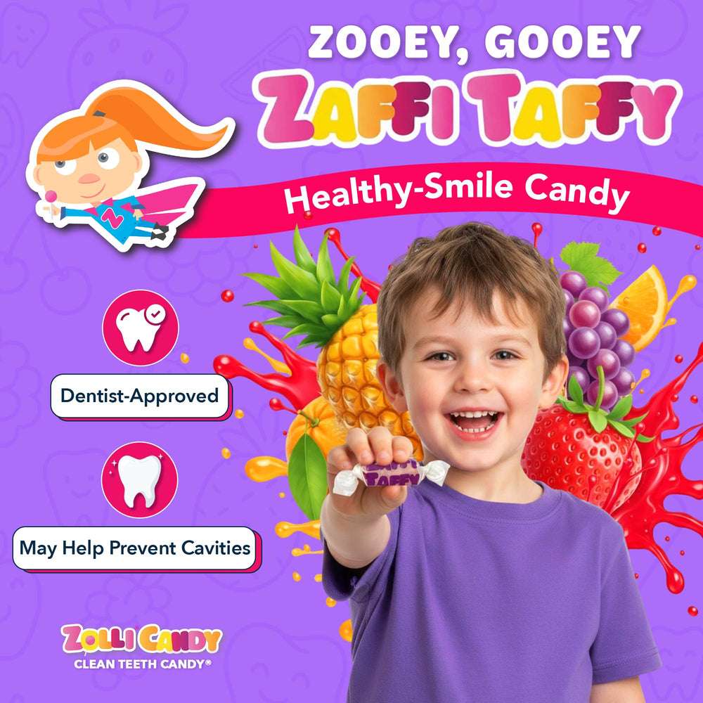 Zollipops detalle de textura del taffy con sabor frutal y sin azúcar