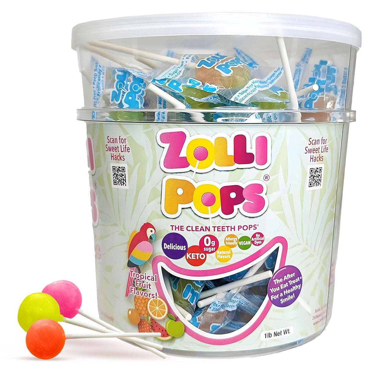 Zollipops frente del empaque mostrando sabor tropical y conveniencia
