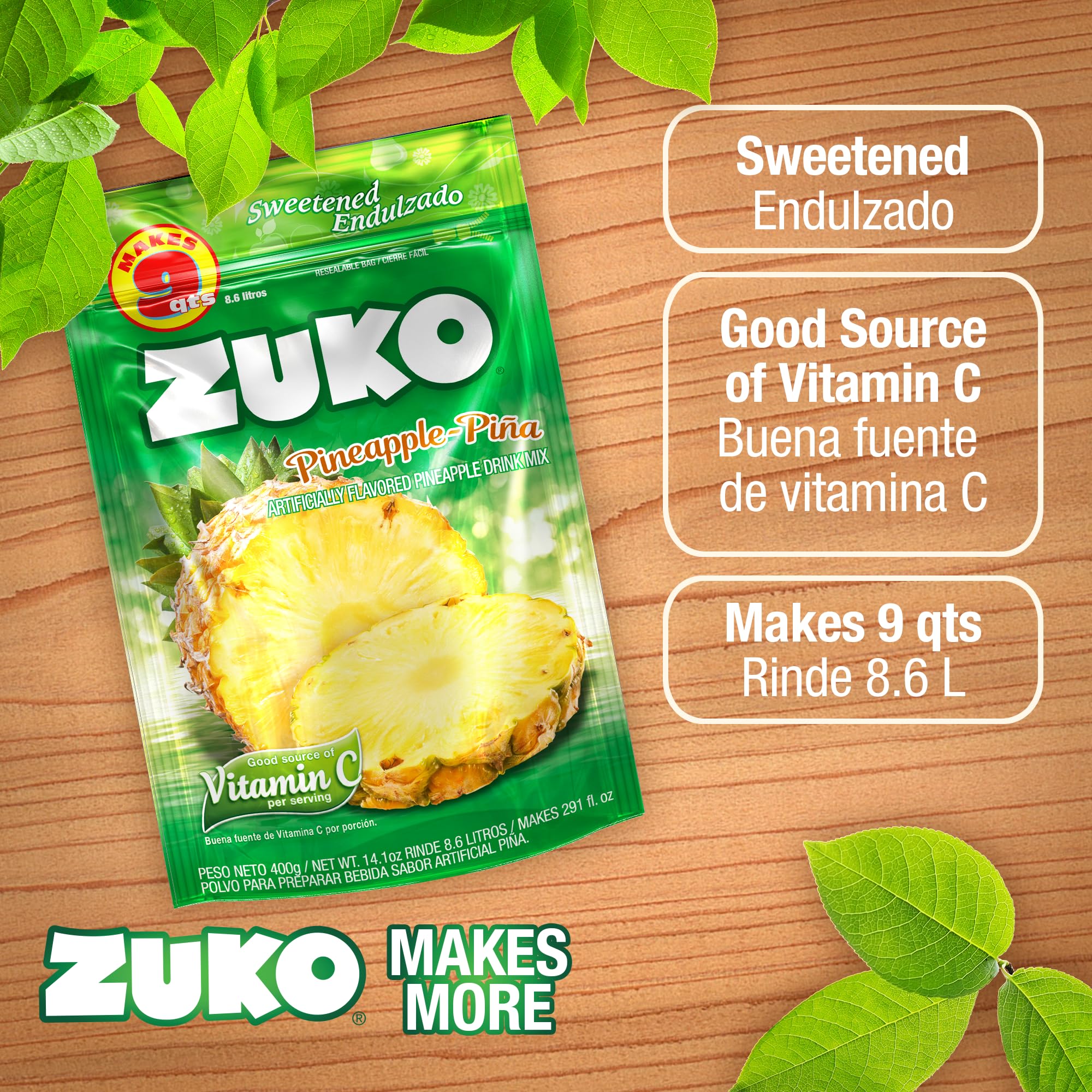 ZUKO vaso con bebida de piña y hielo ofrece refresco instantáneo y sabor frutal